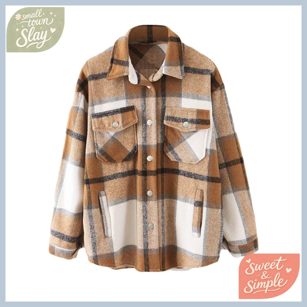 Oversized Wool Blend Flannel Shacket Button Down … - image 1